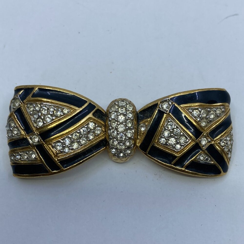 Vtg PUCCINI enamel gold tone rhinestone bow brooch